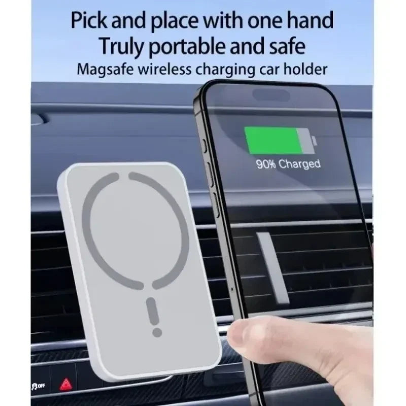 DriveVolt magnetic car charger mounted on dashboard with phone attached