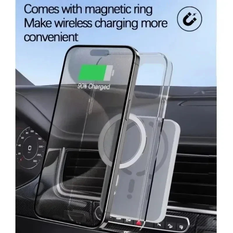 Phone securely mounted and wirelessly charging in a car using DriveVolt magnetic charger